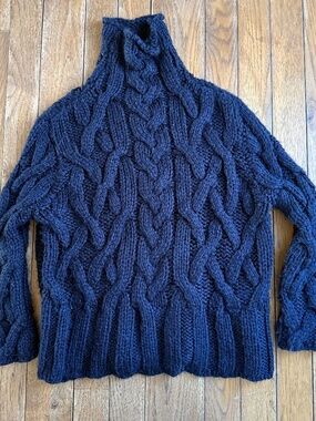 Zara Knit Chunky Cable Knit Sweater Turtle Neck Navy Blue Women's Medium